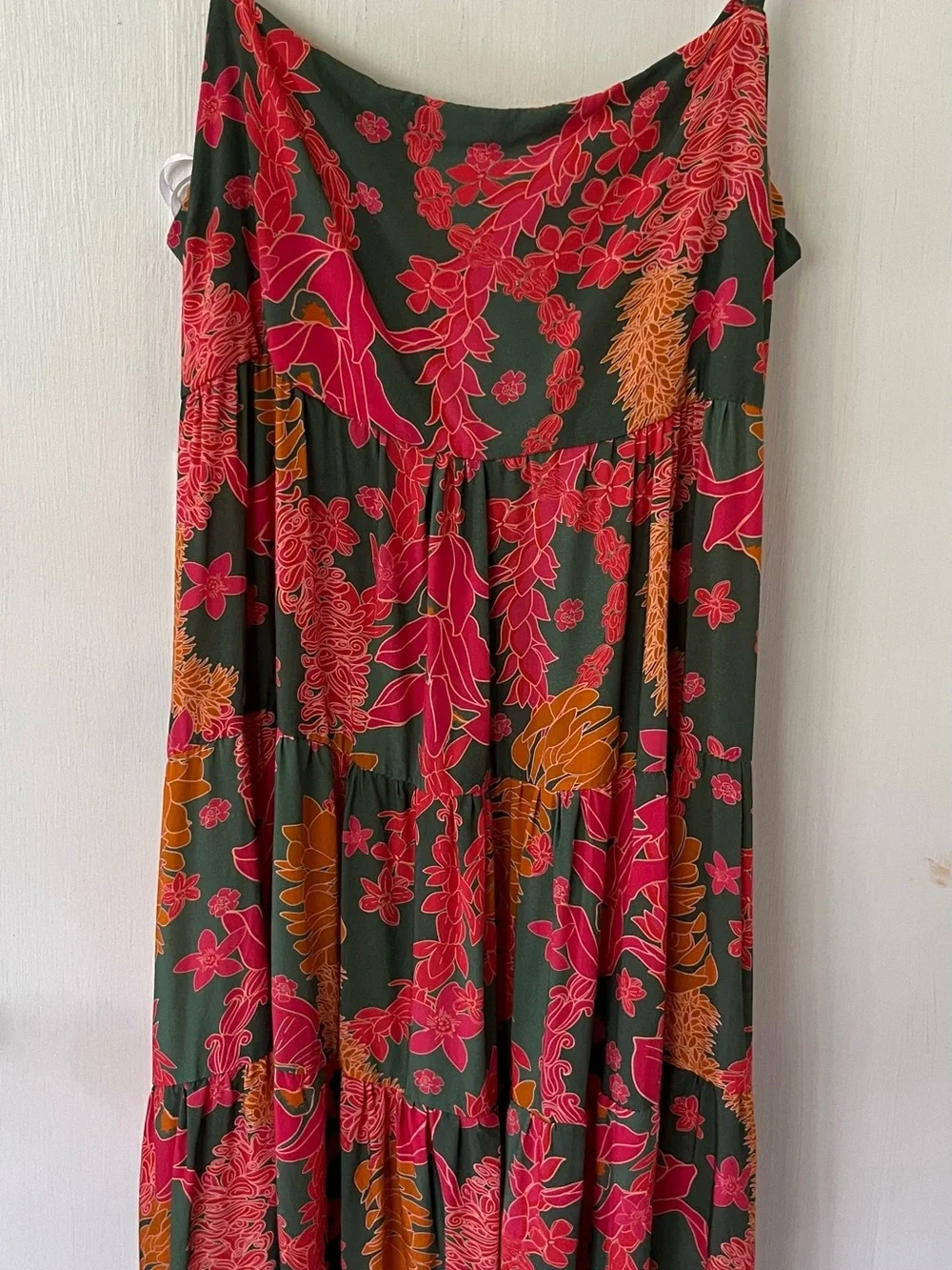 Flowy Tiered Maxi Skirt in Green with Pink & Orange Floral Print
